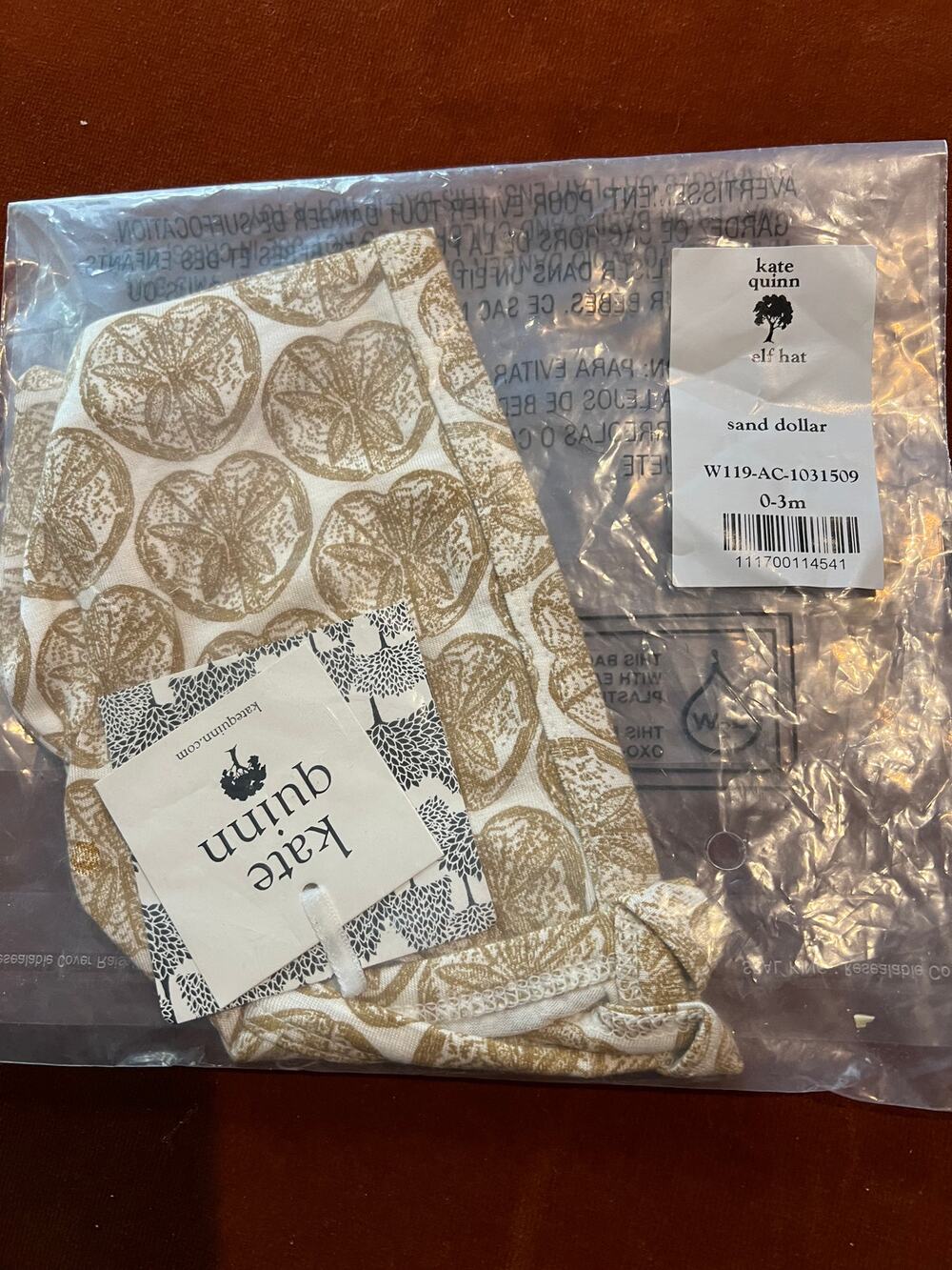 NWT Kate Quinn Sand Dollar Bamboo Elf Hat 0-3m